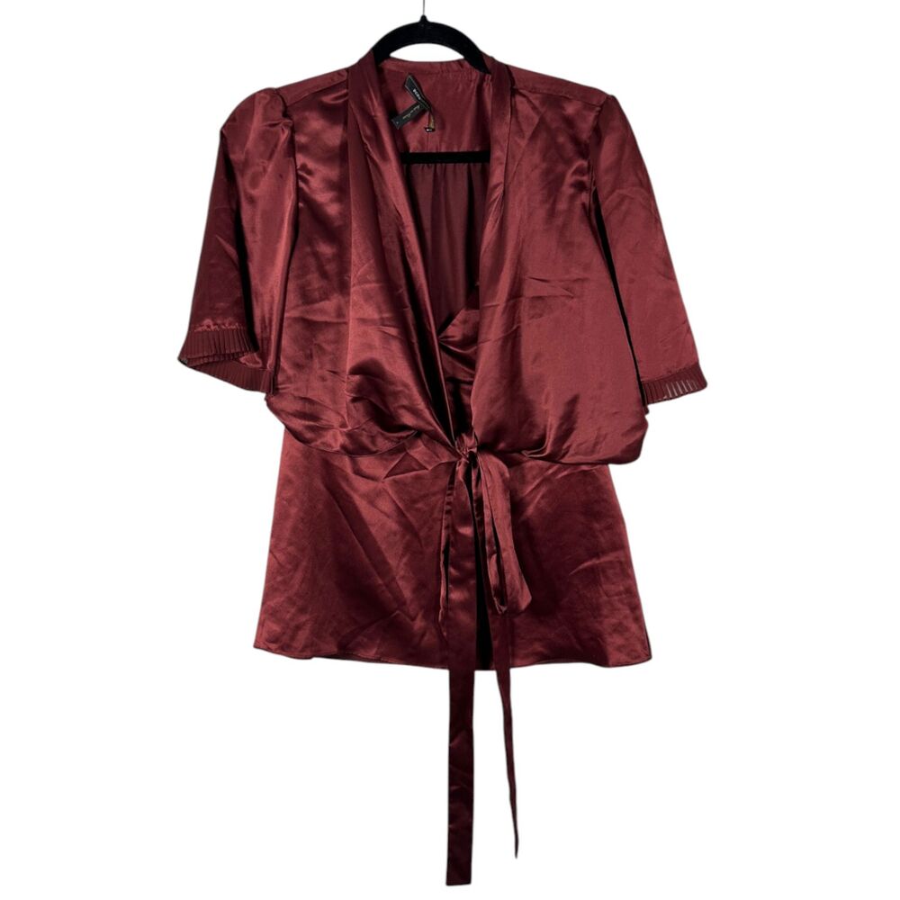 BCBG Max Azria Burgundy Satin Babydoll Wrap Flutter Sleeve Blouse Size Small